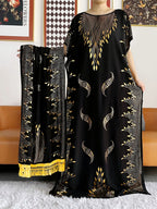Women's Pattern Robe with Beige Tassel Set, Arabic Luxury Abaya, Headscarf, Elegant Round Neck Dress, Short Sleeve Style - Black