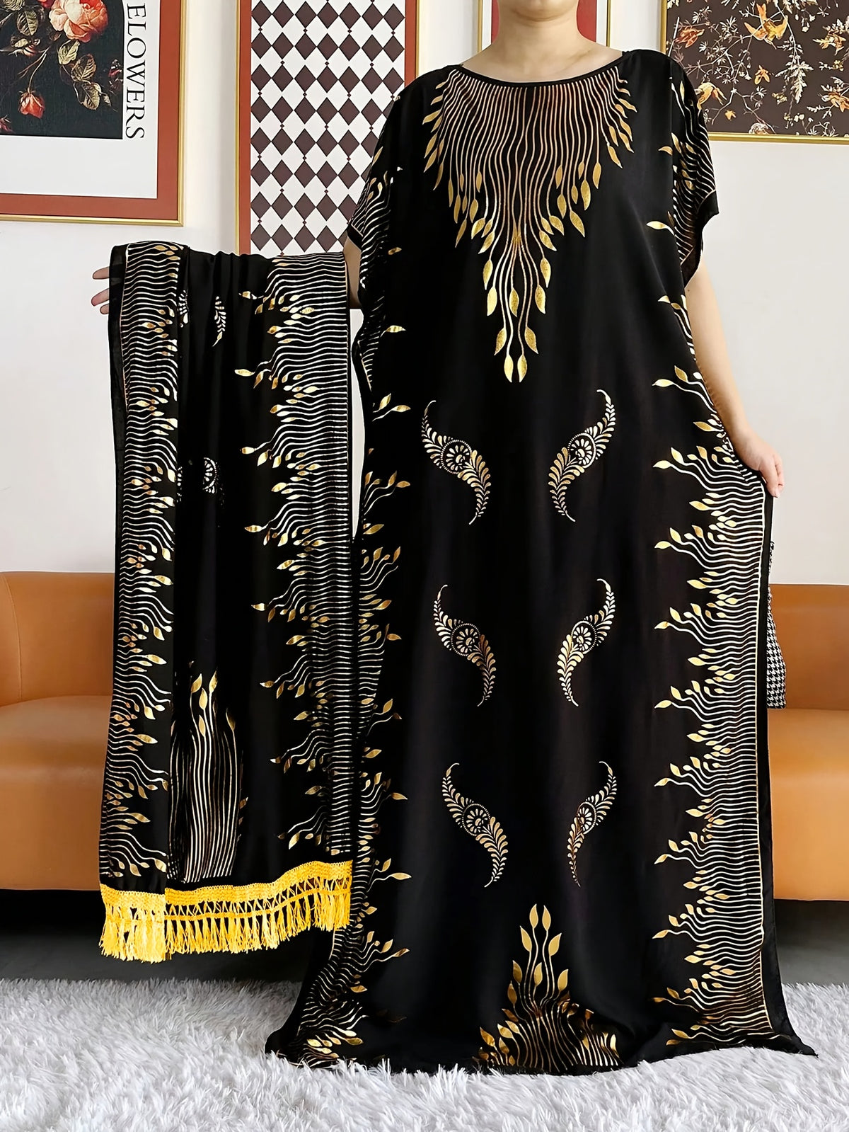 Women's Pattern Robe with Beige Tassel Set, Arabic Luxury Abaya, Headscarf, Elegant Round Neck Dress, Short Sleeve Style - Black