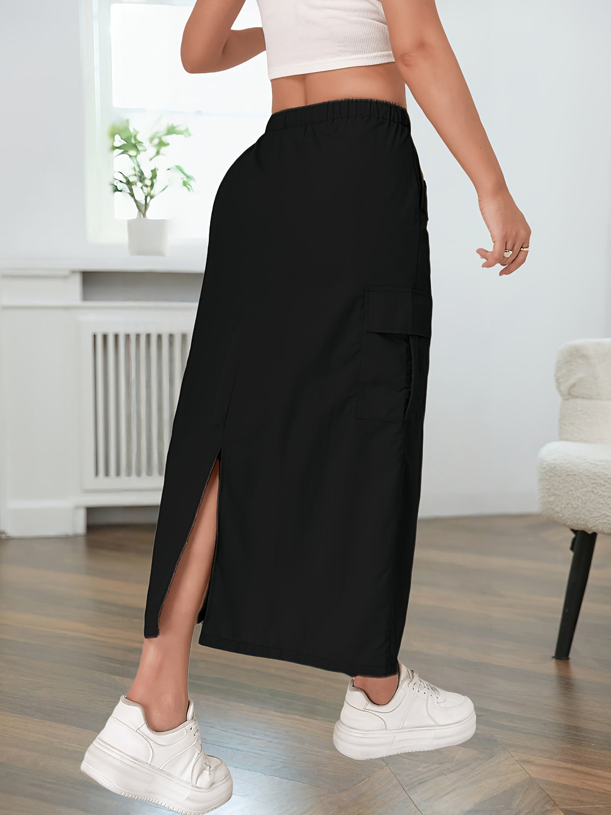 American-style Quick-Dry Women's Multi-Pocket Workwear Skirt with Button Placket, Casual High-Waist Commuter Midi Skirt - Black
