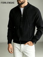 FORLENGKE Men's Autumn/Winter Stand Collar Zipper Knit Cardigan, Heavyweight Jacquard Texture Outerwear, Casual Versatile Solid Color Sweater Jacket, Mature Business Minimalist Top, Loose Fit Slimming Long Sleeve Outer Layer, Daily Commute Light - Black