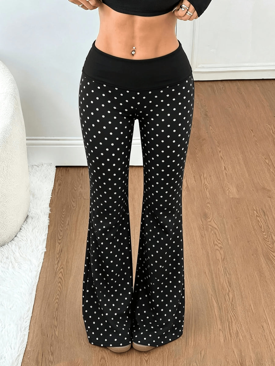 Women'S Casual Leopard Print Waist-High Contrast Black Flare Pants, Fashionable Textured Pattern Trousers, Leopard Print Trousers, Black Flare Pants, Cheetah Pattern Bottoms, Flare Leggings, Black Pants - Black Dots