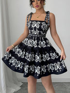 Spring/Summer New Women's Printed Lace Tie-Up Black Short Mini Dress, Fashion and Minimalism + Niannian - Black