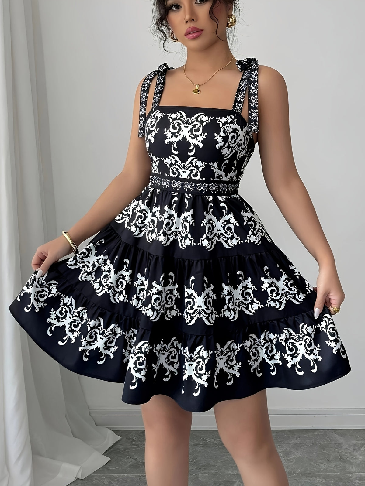 Spring/Summer New Women's Printed Lace Tie-Up Black Short Mini Dress, Fashion and Minimalism + Niannian - Black
