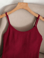 Y2K Style Solid Color Rib- Camisole Top - Sleeveless Round Neck Base Layer Shirt with Adjustable Straps, Medium Stretch Non-Sheer Base Layer Suitable for Spring/Autumn Layering, Machine Washable Casual Wear - Burgundy