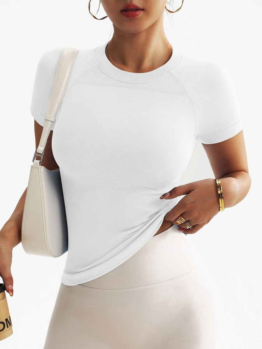 Solid Color Women'S Casual Sports T-Shirt, Slim Fit Versatile Workout Top, Soft And Comfortable Stretchy Breathable Yoga Short Sleeves, Women'S Sportswear - White