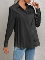 Leopard-Print Jacquard Two-Tone Patchwork Satin Buttoned Long-Sleeve Collared Shirt - Black