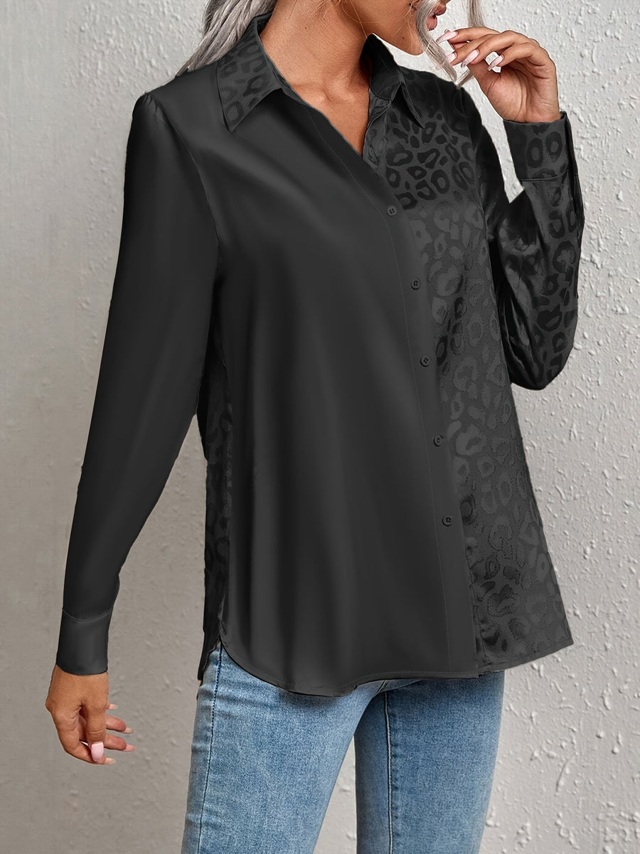 Leopard-Print Jacquard Two-Tone Patchwork Satin Buttoned Long-Sleeve Collared Shirt - Black