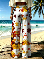 Women's Wide-Leg Trousers with Autumn Maple Leaf & Pumpkin Print - Loose-Fit Casual Pants Suitable for Fall Outfits, Machine Washable Style for Vacation, Daily Wear, Shopping (No Elastic Comfortable Wide Pants) - Mixed colors