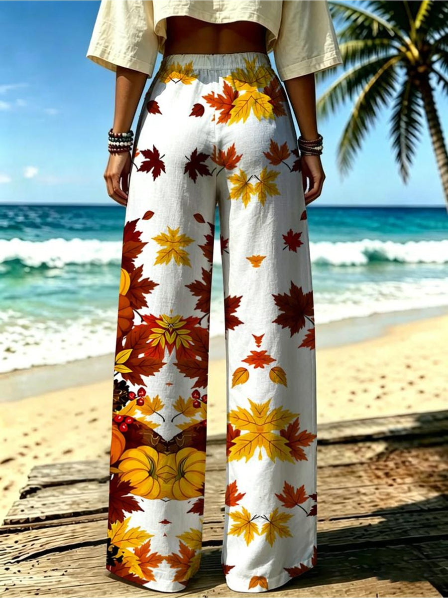 Women's Wide-Leg Trousers with Autumn Maple Leaf & Pumpkin Print - Loose-Fit Casual Pants Suitable for Fall Outfits, Machine Washable Style for Vacation, Daily Wear, Shopping (No Elastic Comfortable Wide Pants) - Mixed colors