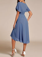 Elegant Pleated Sleeve Formal Bridesmaid Dress Formal Wedding Guest Dress - Blue