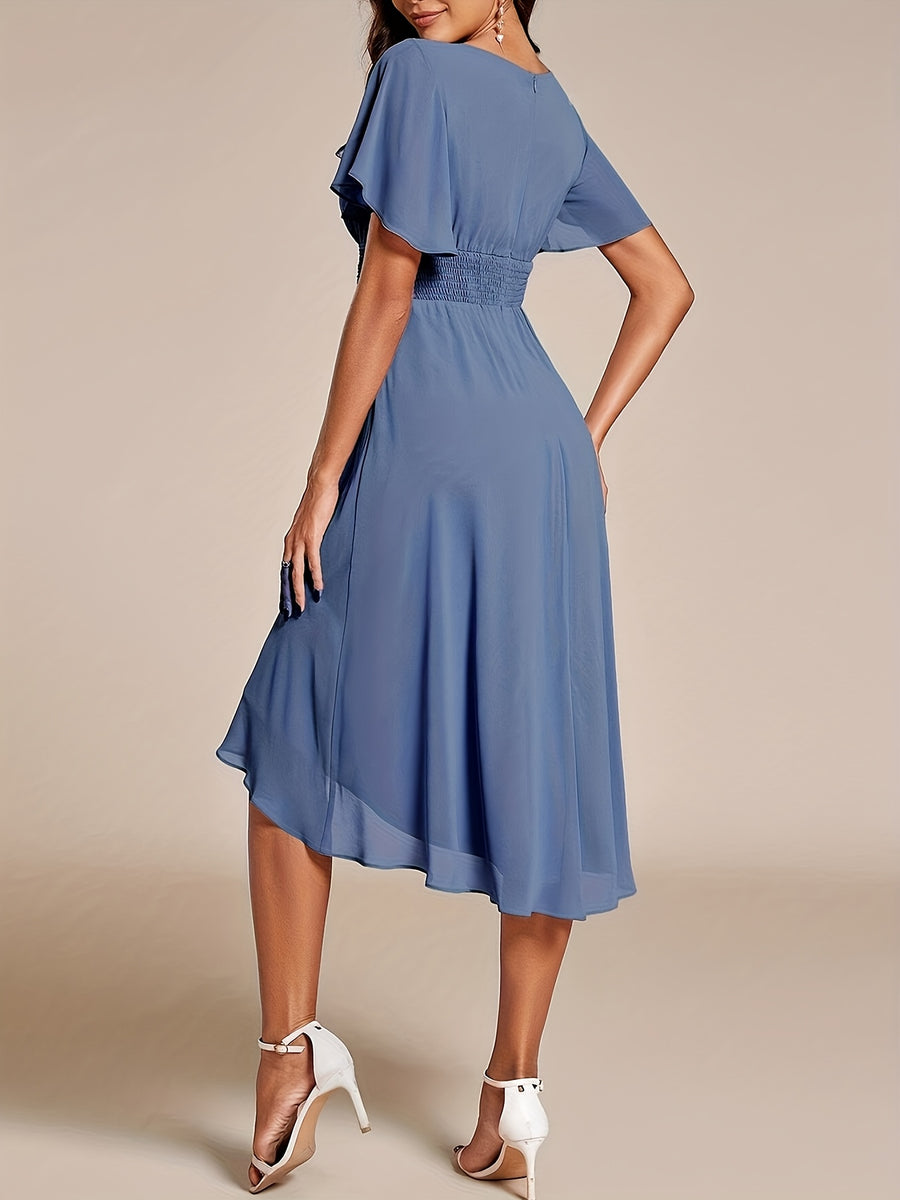 Elegant Pleated Sleeve Formal Bridesmaid Dress Formal Wedding Guest Dress - Blue