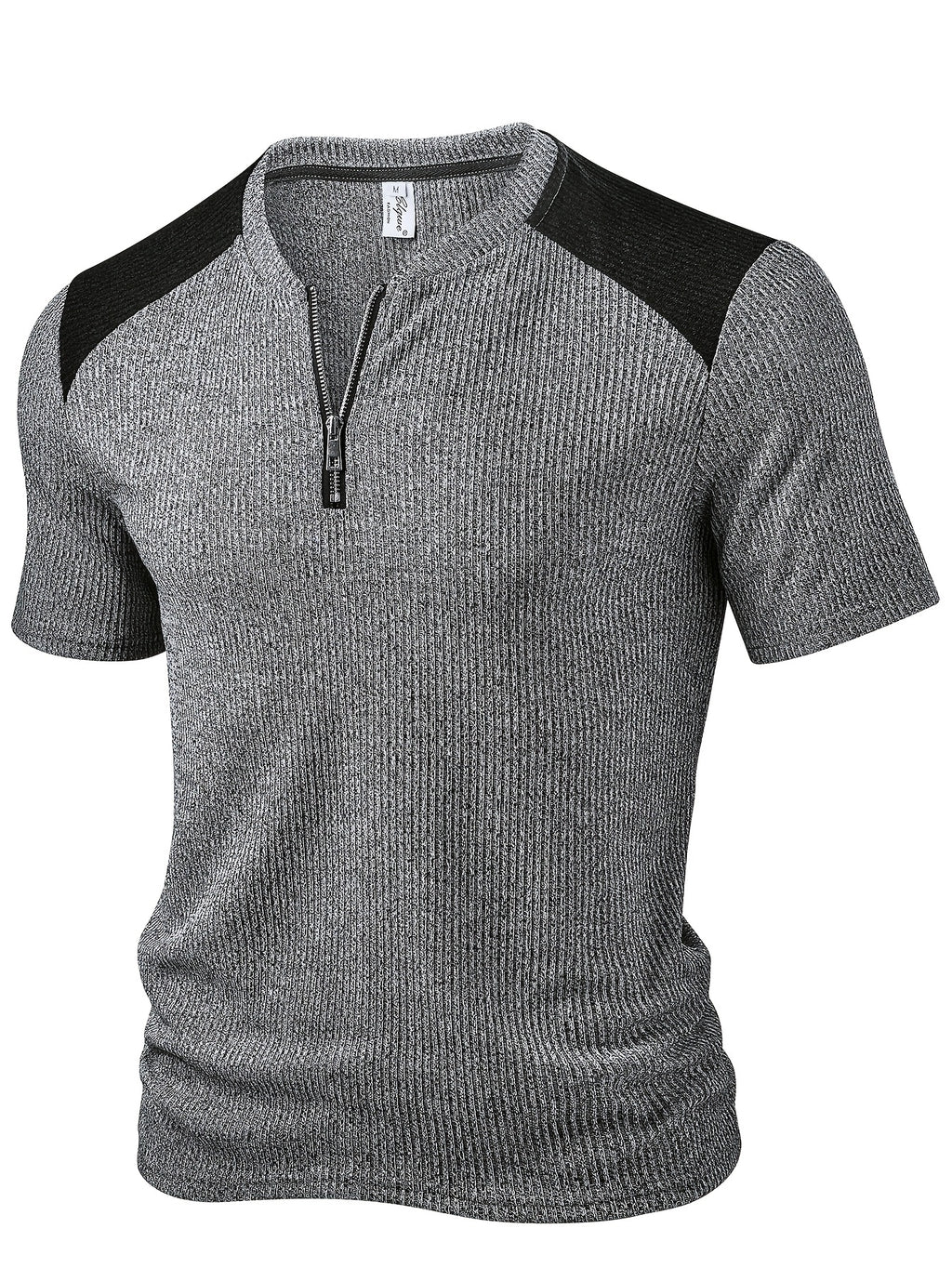Men'S Fashion Men'S Top, Spring Summer Outdoor Casual Textured Ribbed Fabric Contrast Round Neck Zipper Patchwork Short Sleeve Men'S Henley Shirt - Dark Gray