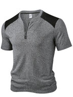 Men'S Fashion Men'S Top, Spring Summer Outdoor Casual Textured Ribbed Fabric Contrast Round Neck Zipper Patchwork Short Sleeve Men'S Henley Shirt - Dark Gray