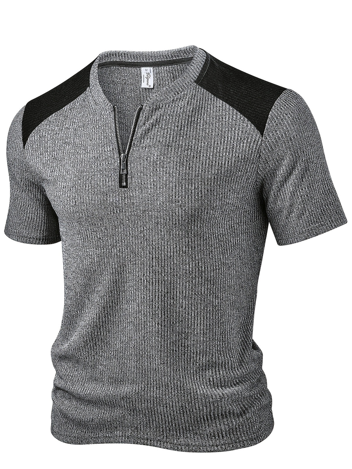 Men'S Fashion Men'S Top, Spring Summer Outdoor Casual Textured Ribbed Fabric Contrast Round Neck Zipper Patchwork Short Sleeve Men'S Henley Shirt - Dark Gray