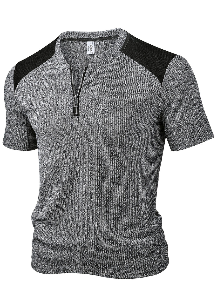 Men'S Fashion Men'S Top, Spring Summer Outdoor Casual Textured Ribbed Fabric Contrast Round Neck Zipper Patchwork Short Sleeve Men'S Henley Shirt - Dark Gray