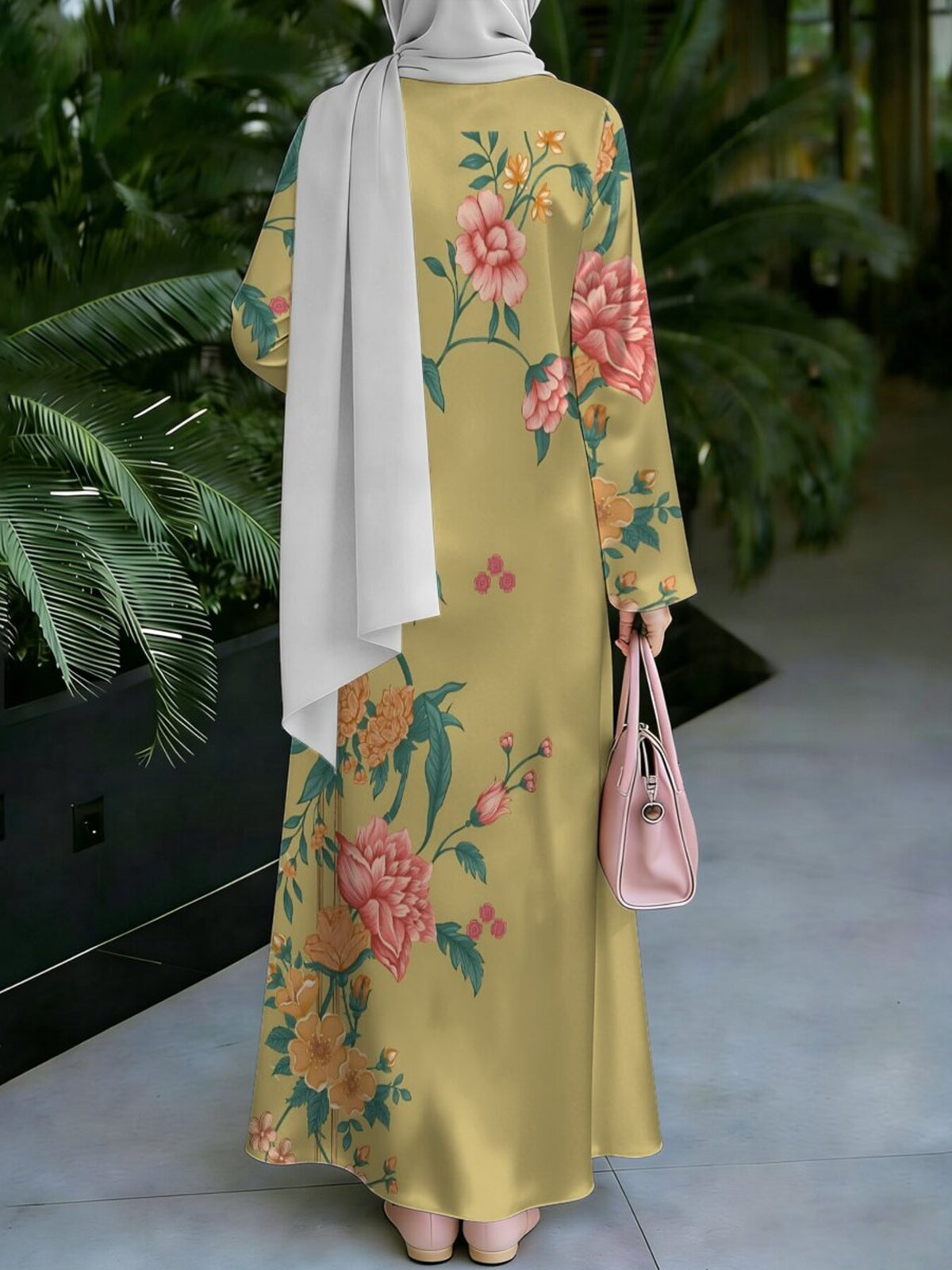 Women'S Hot Middle Eastern Style Muslim Elegant Robe, Ginger Yellow National Style Large Floral Print Long Dress, Loose Long Sleeve Flowing Flared Skirt, for Prayer Outing Daily Gatherings, Skin-Friendly Breathable Non-Embroidered Craft - Mixed colors