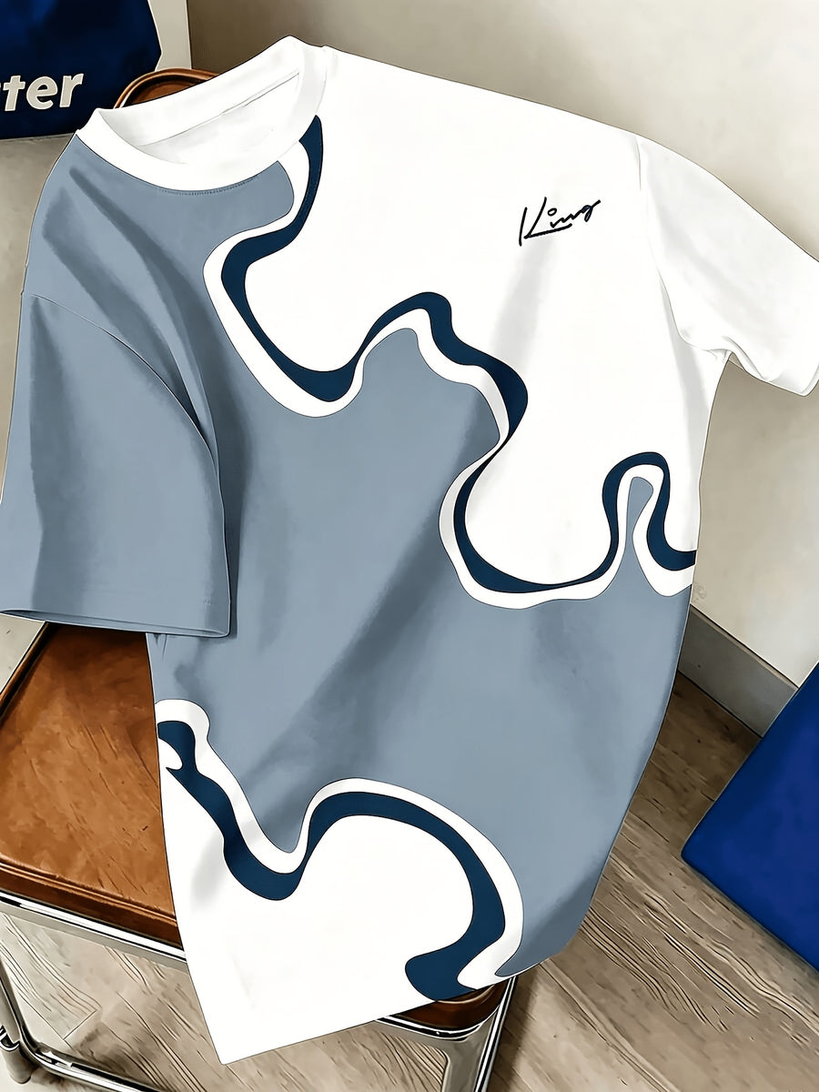 Men's Blue and White Abstract Wave Print T-Shirt with Trendy Signature Graphic, Crew Neck, Casual Short Sleeves - Mixed colors