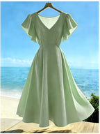 Elegant Exquisite Women'S Mint Green V-Neck Ruffle Short Sleeve Dress Waist Cinched A-Line Flared Maxi Dress Fashion Temperament Piece for Beach Vacation Wedding Party - Green