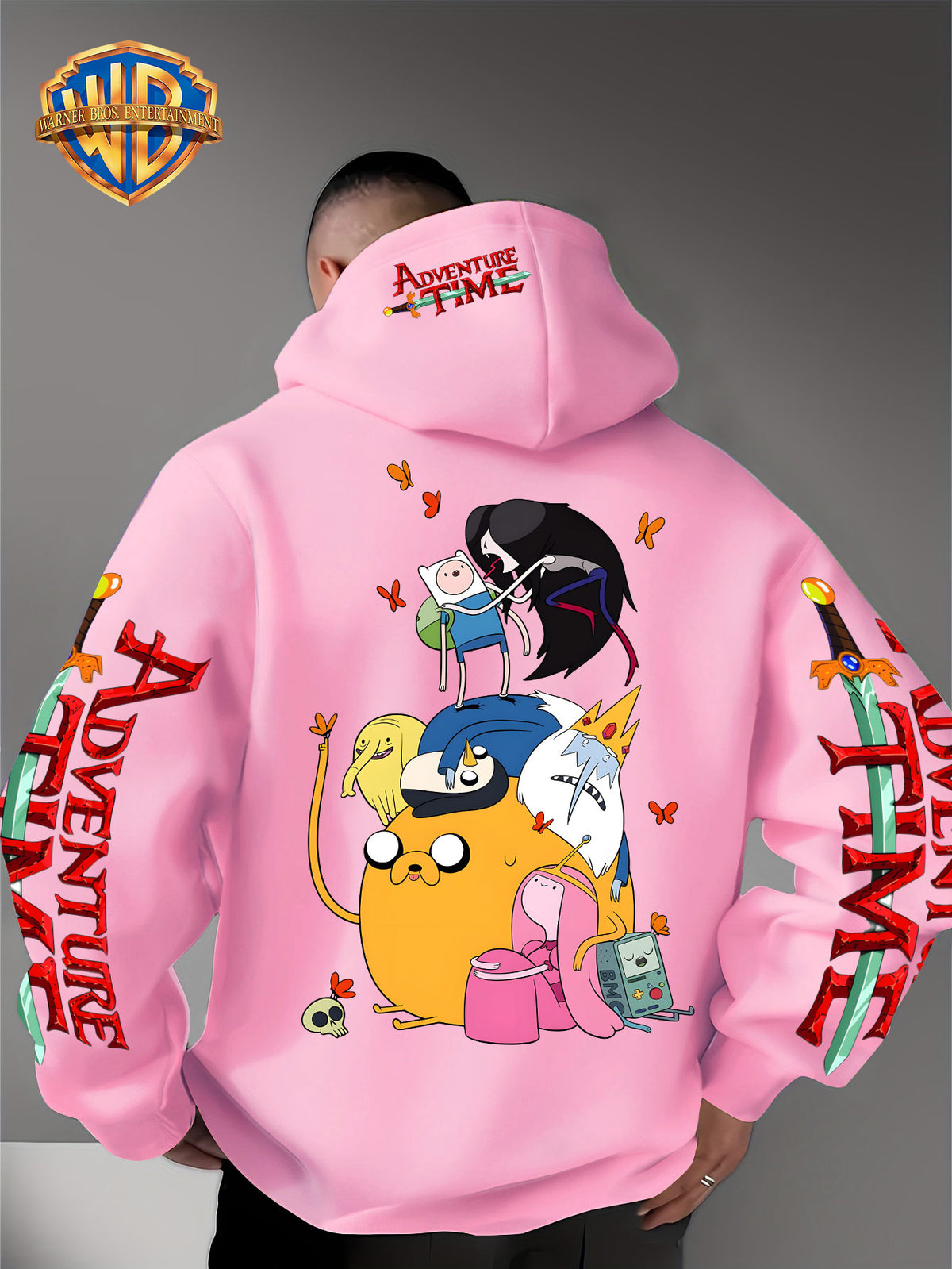 Warner Bros. Men's Adventure Time Full Cast Themed Trendy Fashion Pullover Hoodie with Family Portrait Character Print - Pink Color