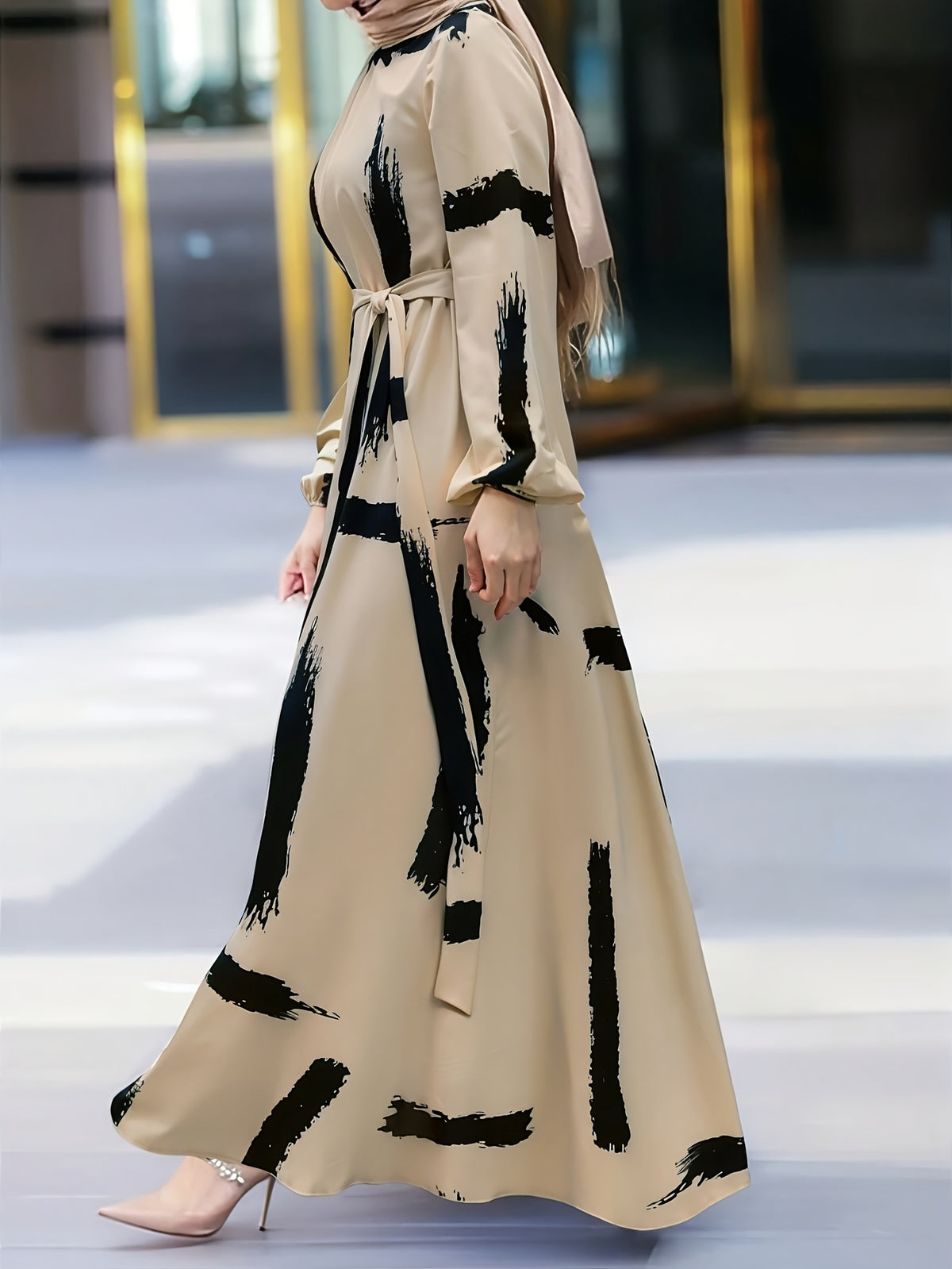 Women Ramadan in the Middle East All-Over Print Collared Tie Waist Long Sleeve Dress - Polychrome