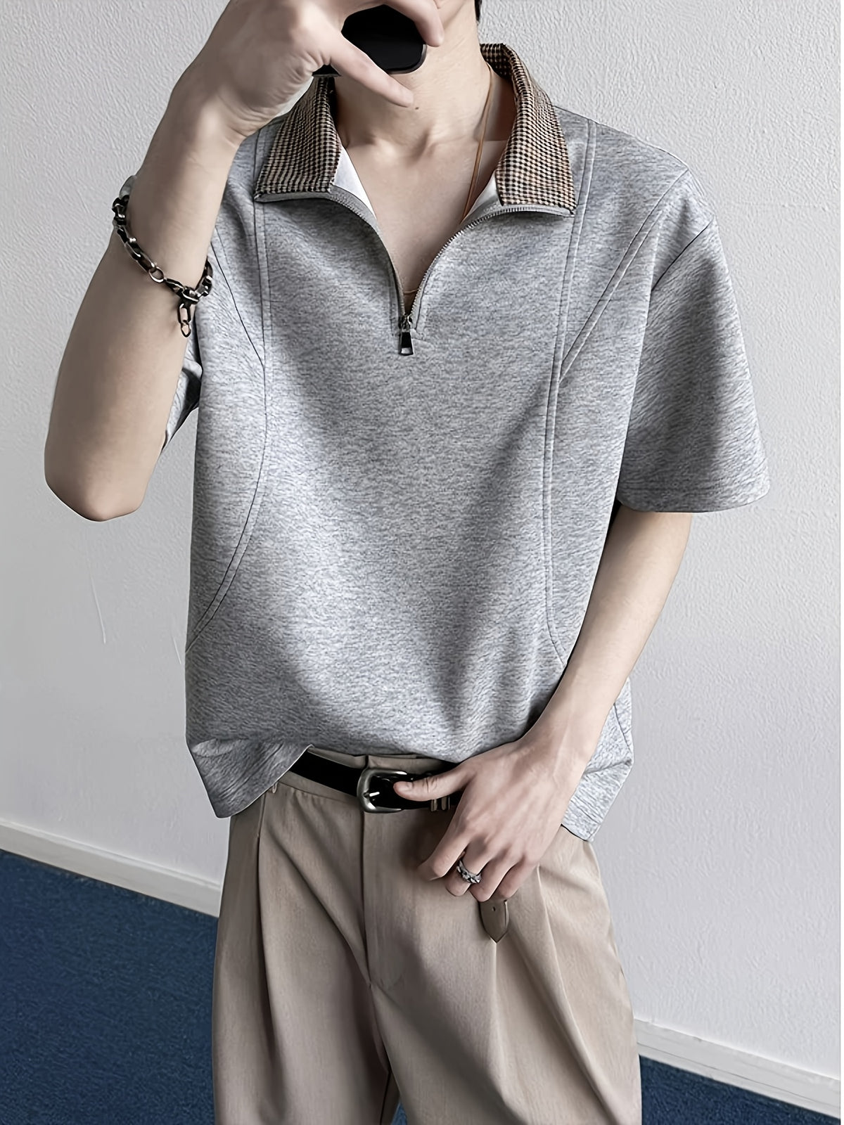 Men's Plaid Patchwork Lapel Half-Zip Short-Sleeve T-Shirt, Summer Loose Fit Casual Premium Polo Shirt - Dark Gray