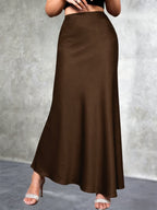 Women'S Elegant Slit Maxi Skirt - Satin Texture Christmas & Valentine'S Day Date Outfit, Suitable for Winter Holiday Parties & Office, Machine-Washable Luxury Design, High-End And Temperament-Enhancing with Festive Charm - COFFEE COLOR