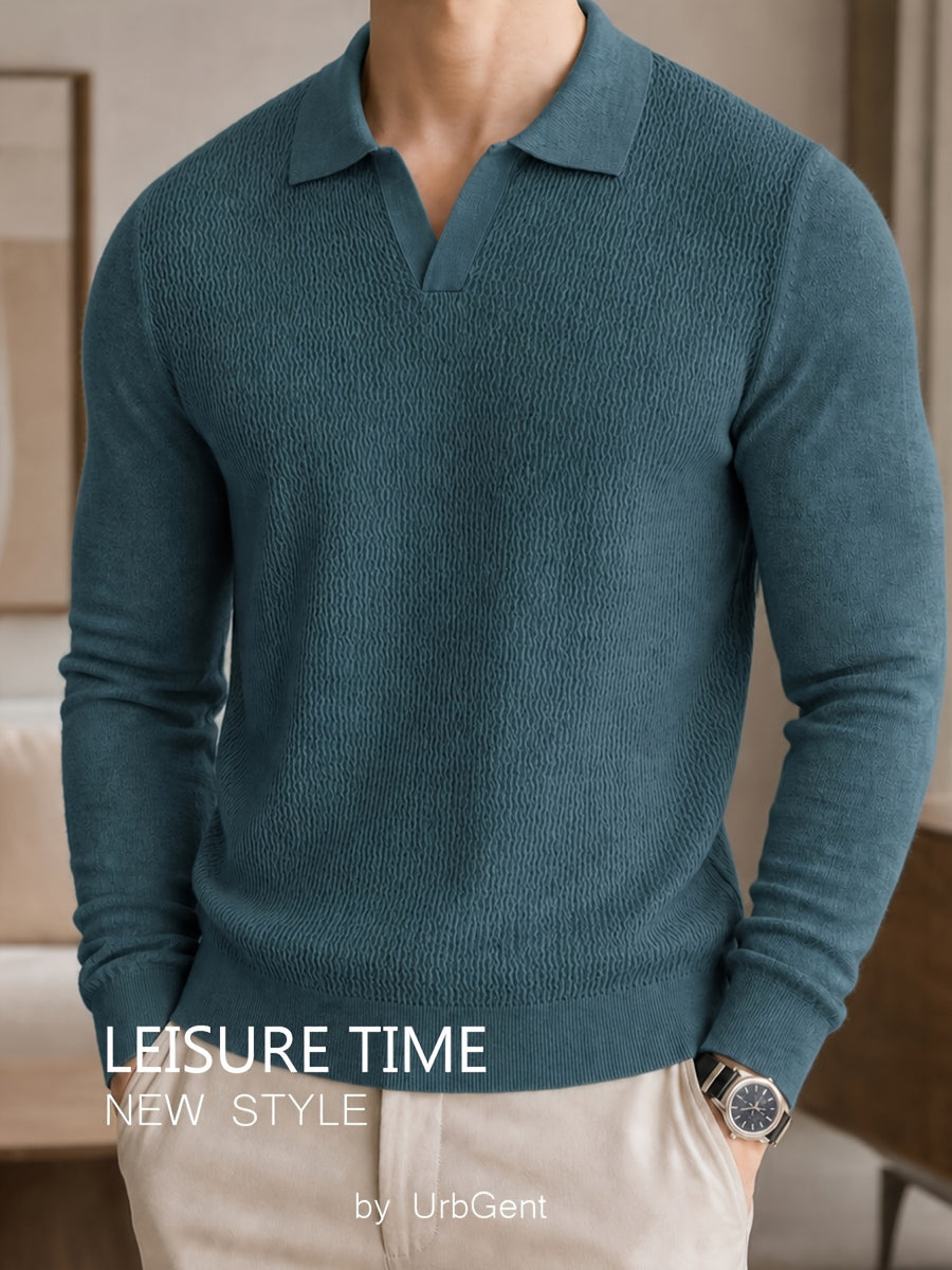 Men's Waffle Textured Long Sleeve Polo Sweater, V Notch Collar Soft Lightweight Knit Pullover, Slim Fit Business Casual Knitted Top for Office Daily Gentlemen Wear - Peacock Blue