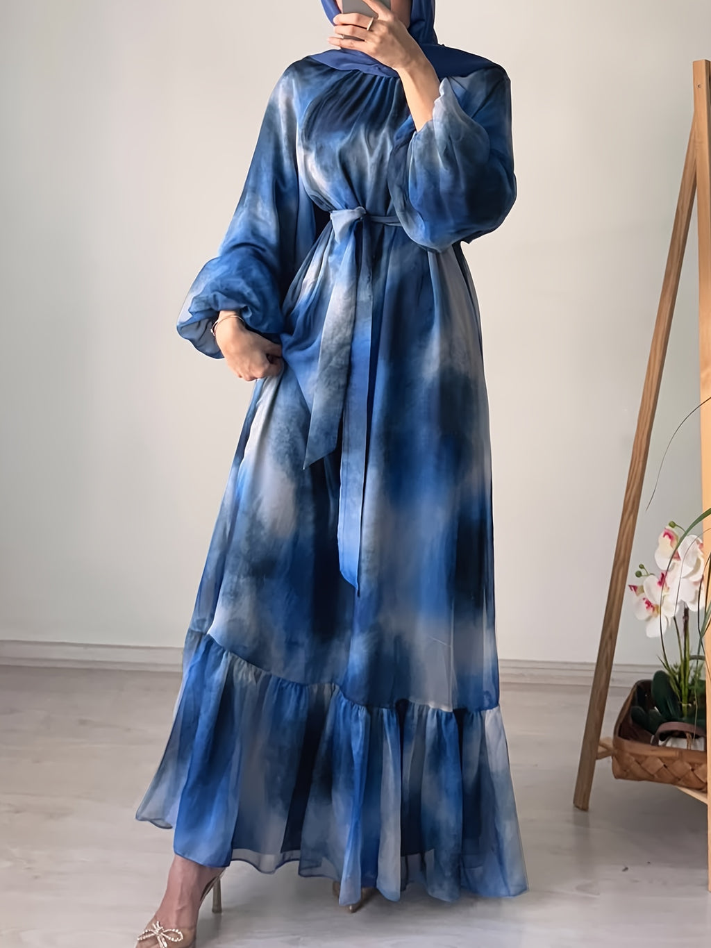 Women's Casual Elegant Middle Eastern-Inspired Tie-Dye Long Sleeve Dress with Waist Belt - Machine Washable All-Season Comfort for Gatherings, Vacations & Daily Wear - Blue