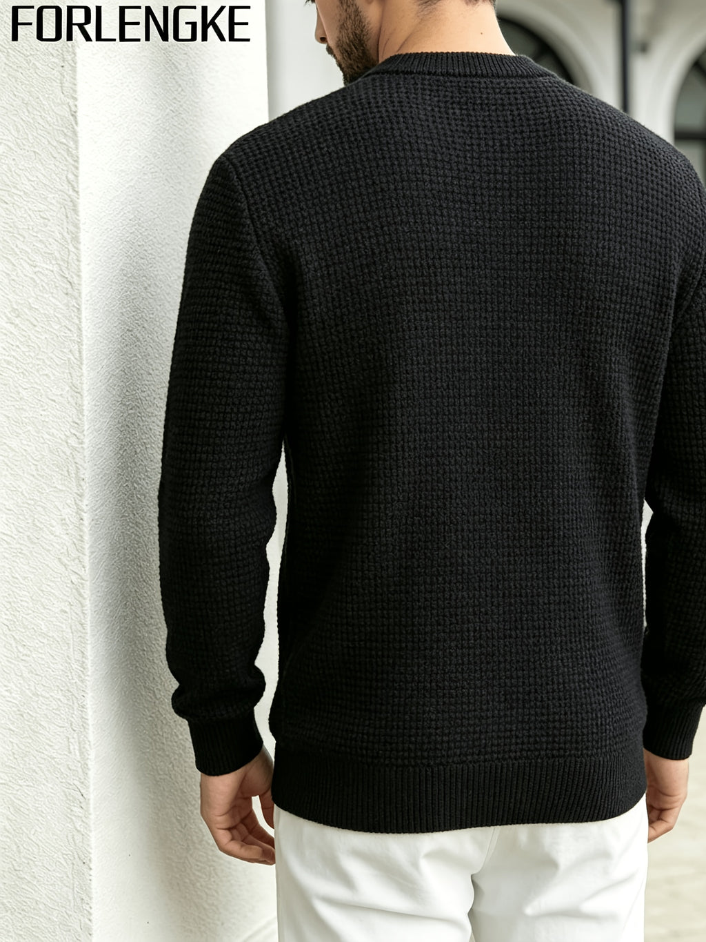 FORLENGKE Men Business Casual Henley Collar Cable Knit Sweater, Soft Warm Long Sleeve Pullover Tops for Autumn Winter Office Daily Wear - Black