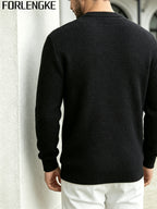 FORLENGKE Men Business Casual Henley Collar Cable Knit Sweater, Soft Warm Long Sleeve Pullover Tops for Autumn Winter Office Daily Wear - Black
