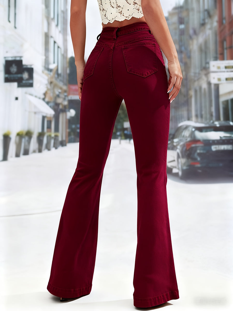 NEW New Elegant Versatile Wine Red Washed Flared Jeans, Elastic Fabric, Row Button Design Stretches Leg Length Tailoring, Suitable for Casual Outings, Suitable for All Seasons - Burgundy