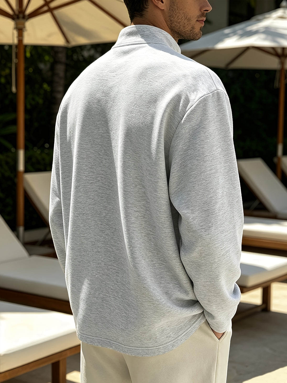 Spring/Autumn Henry Neck Long Sleeve T-Shirt, Loose Fit with Half-Open Placket Design, Versatile Commuter Base Layer, an Excellent Choice for Daily Work and Casual Vacations - White and Grey