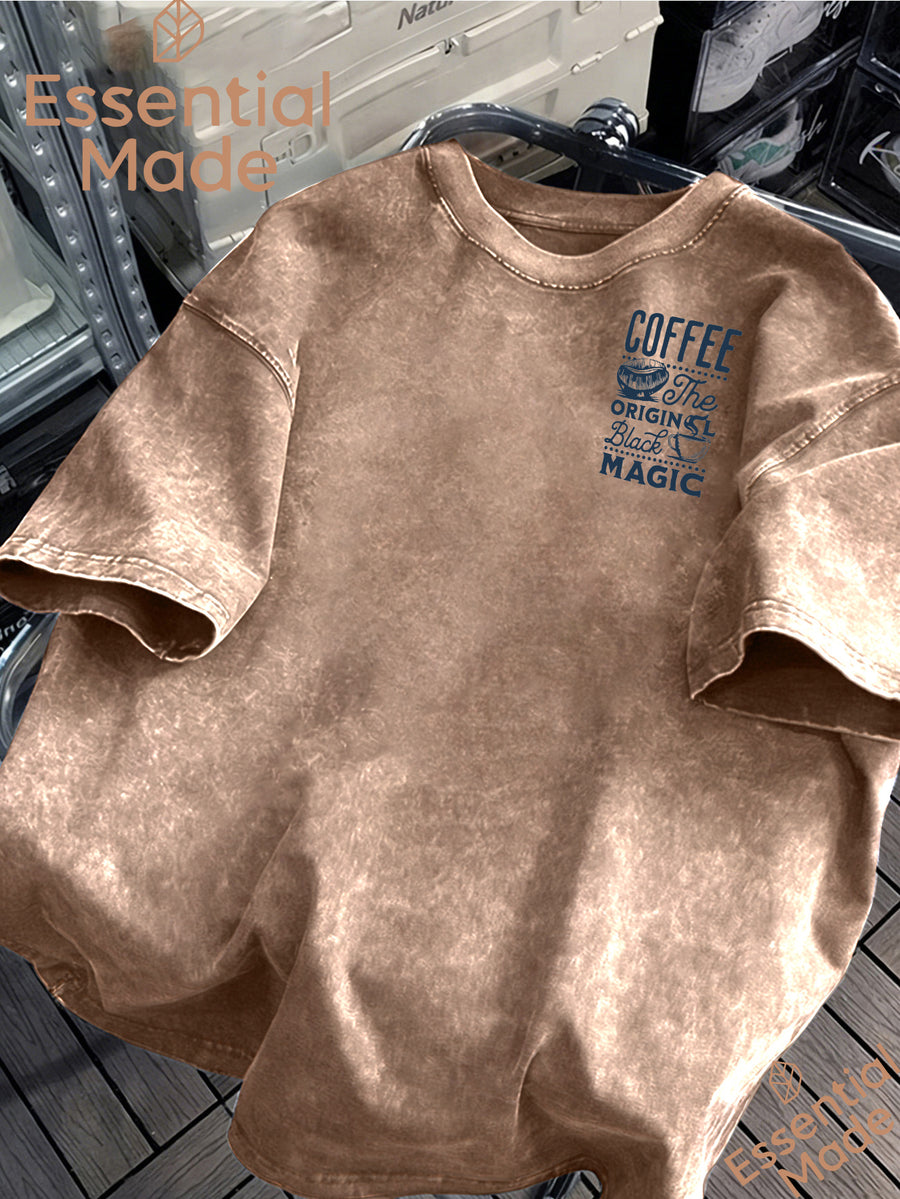 American High Street COFFEE Coffee Bean Cafe Themed Letter Print Distressed Washed Short-Sleeve T-Shirt - Loose Fit Casual American Vintage Style Men's Washed T-Shirt Casual Top - Coffee Brown