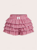Casual Low-Waist Plaid Bodycon Ruffled Women'S Ultra-Short Shorts Back to Clothes Easy Daily - Red