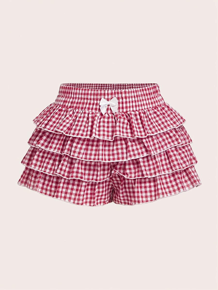 Casual Low-Waist Plaid Bodycon Ruffled Women'S Ultra-Short Shorts Back to Clothes Easy Daily - Red
