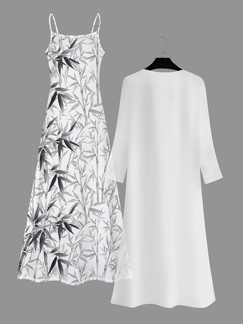 Printed Bamboo Leaf Pattern Casual Style Women's Dress Set - White