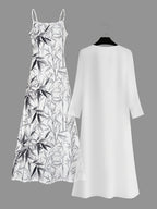 Printed Bamboo Leaf Pattern Casual Style Women's Dress Set - White