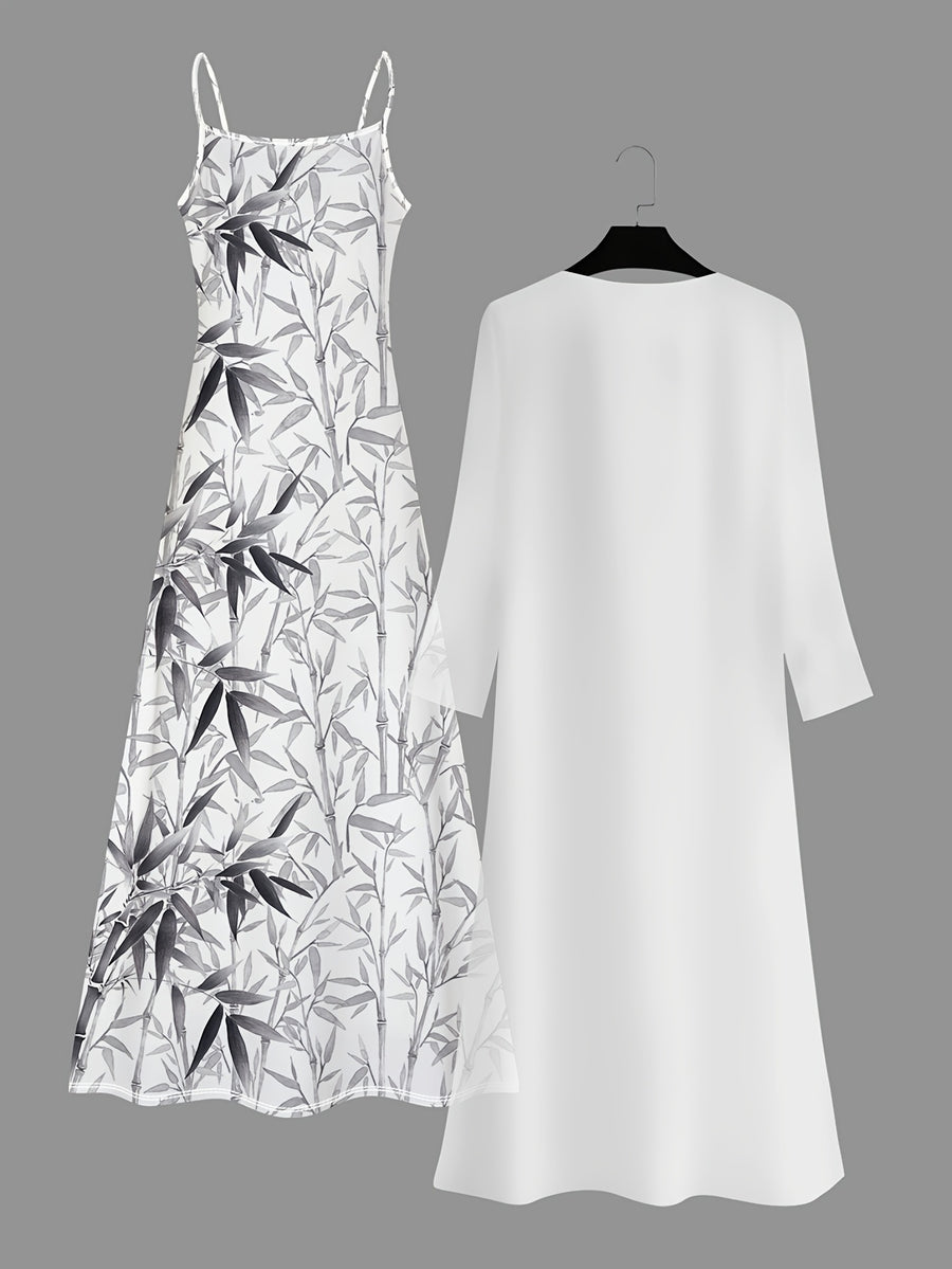 Printed Bamboo Leaf Pattern Casual Style Women's Dress Set - White