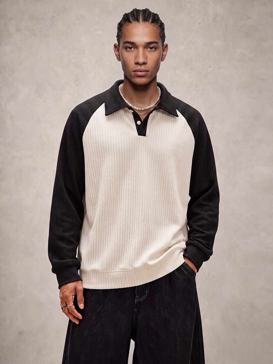 Men'S Raglan Sleeve Color Block Polo Sweatshirt Daily Casual Going-Out Streetwear Vintage Retro Y2K Button Placket Ribbed Knit Texture Ribbed Cuffs Hem Spring Autumn Regular Fit Long Sleeve Black Knit Pullover Top - Off-white