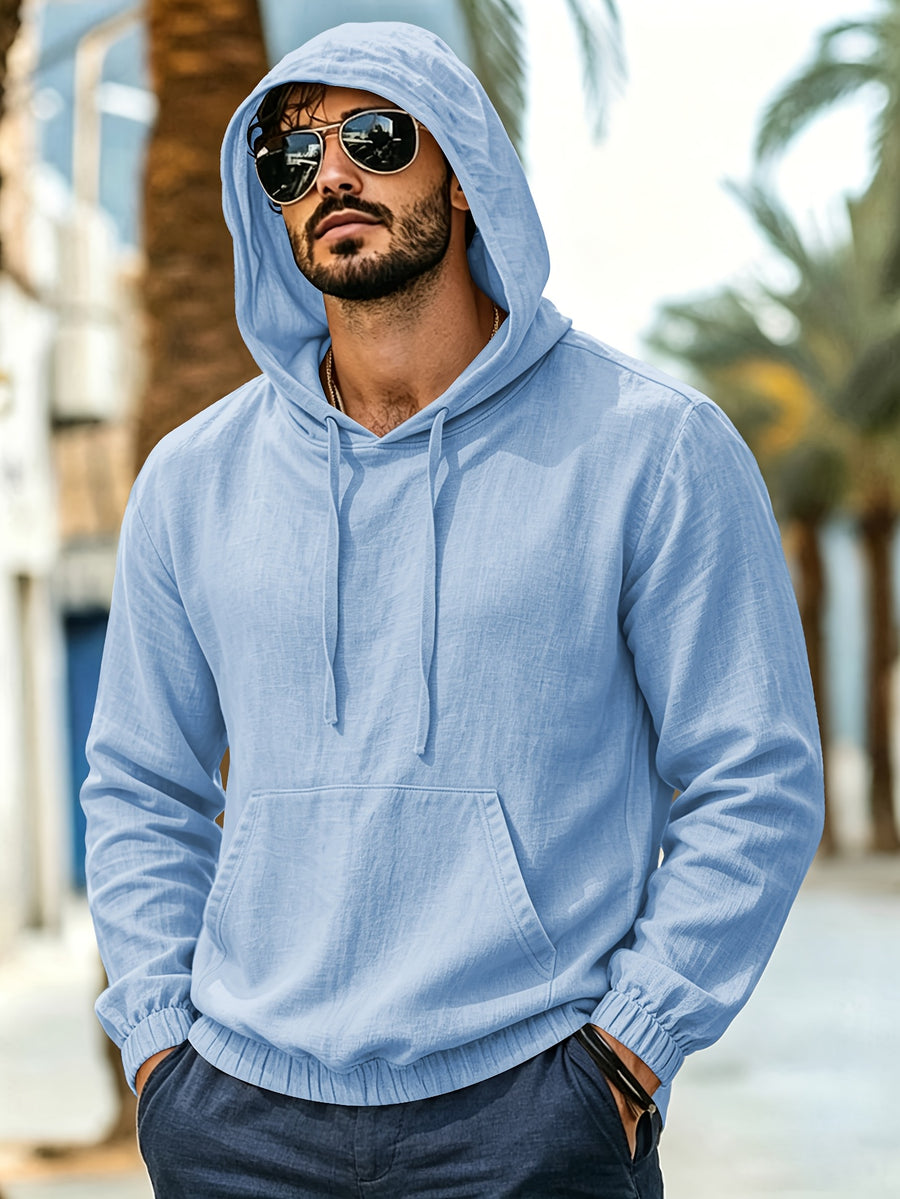 Men's New Spring/Autumn Linen Hooded T-Shirt, Suitable for Commuting, Parties, Outings, Travel, and Sports, Lightweight and Stylish Sweatshirt - Sky Blue
