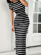 Summer Fashion Striped Slim Short-Sleeved Hip-Wrap Long Dress, Comfortable Elasticity, Suitable for Daily Outings, Dating, Commuting, Leisure Vacations, Home Leisure And Other Scenarios - Mixed colors