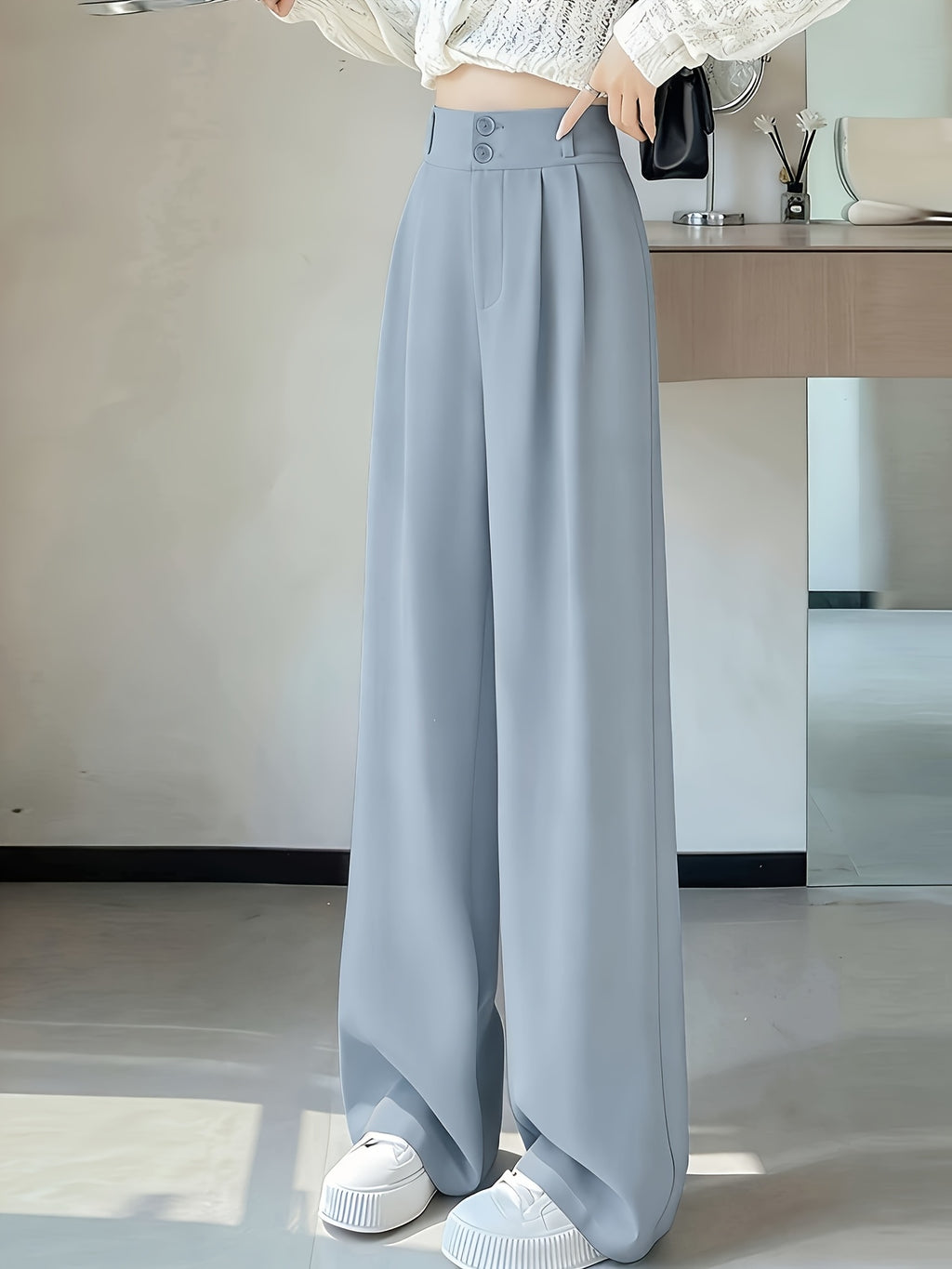 Ice Fiber Fabric Cool Touch Ultra-Thin Summer Women's Long Pants, 2026 Spring/Summer New Style Slim Fit Suit Pants, Trendy Women's Pants, Wide-Leg Loose Fit, Widened Cut, Loose Size, Suitable for Women's Summer Wide-Leg Pants, Draped Straight-Leg - Sky Blue