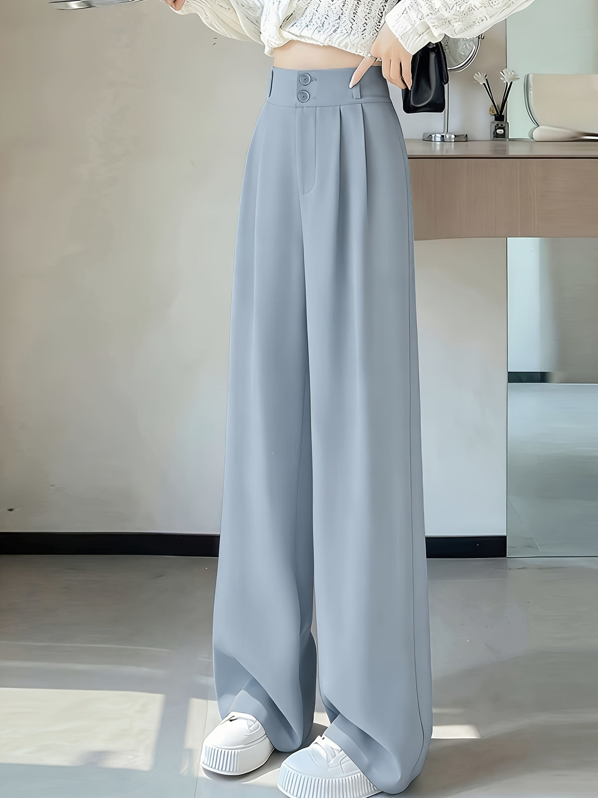 Ice Fiber Fabric Cool Touch Ultra-Thin Summer Women's Long Pants, 2026 Spring/Summer New Style Slim Fit Suit Pants, Trendy Women's Pants, Wide-Leg Loose Fit, Widened Cut, Loose Size, Suitable for Women's Summer Wide-Leg Pants, Draped Straight-Leg - Sky Blue