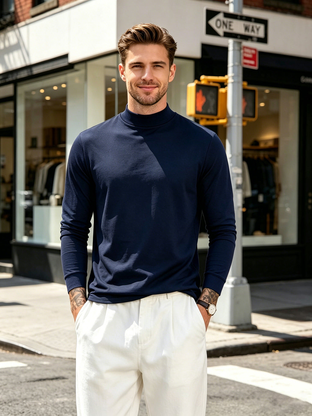 Casual Sports Long Sleeve Top, Men'S Autumn Winter Solid Color Casual Comfortable Long Sleeve Small High Neck Base T-Shirt, Suitable for Outdoor, Holiday, And Sports, Casual Top - Navy Color