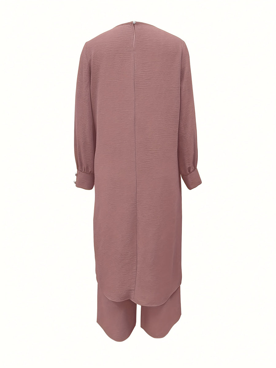 Ramadan, Women's Front-Button Long Sleeve Slit Dress & Pants Casual Arabic Style 2pcs Set, Only Clothes, Without Headscarf - pink