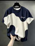 Men'S Casual Round Neck T-Shirt, Geometric Pattern Patchwork Striped Design, Chicago Word Pattern, Drapey Fashion Top, All-Season Wear, Breathable Regular Fit for Casual And Formal Outfits - Round Neck Casual Top - Royal Blue