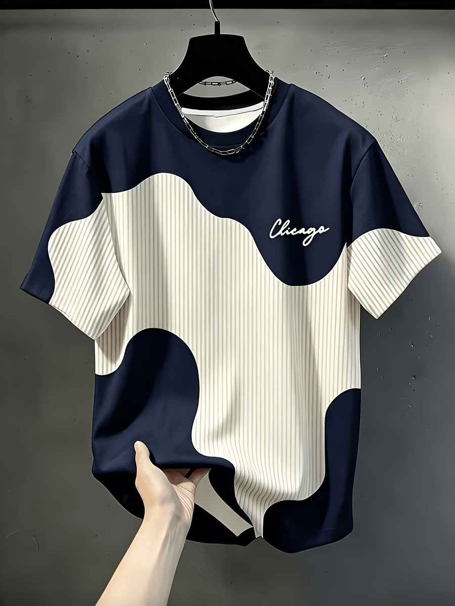 Men'S Casual Round Neck T-Shirt, Geometric Pattern Patchwork Striped Design, Chicago Word Pattern, Drapey Fashion Top, All-Season Wear, Breathable Regular Fit for Casual And Formal Outfits - Round Neck Casual Top - Royal Blue