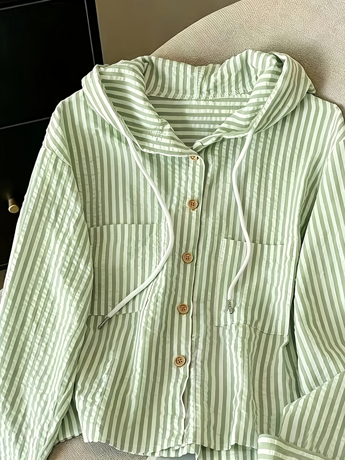 Relaxed Fit Striped Hooded Cardigan - Green