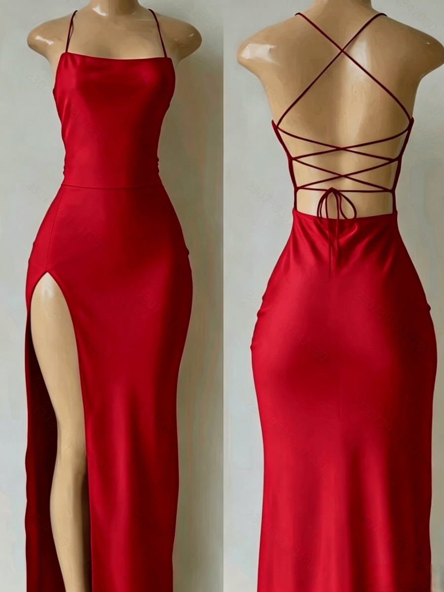 Elegant Fashionable Women'S Slim-Fit Backless Long Dress | Sexy Strappy High Slit, Solid Black Party Style Dress for Spring/Summer - Scarlet red
