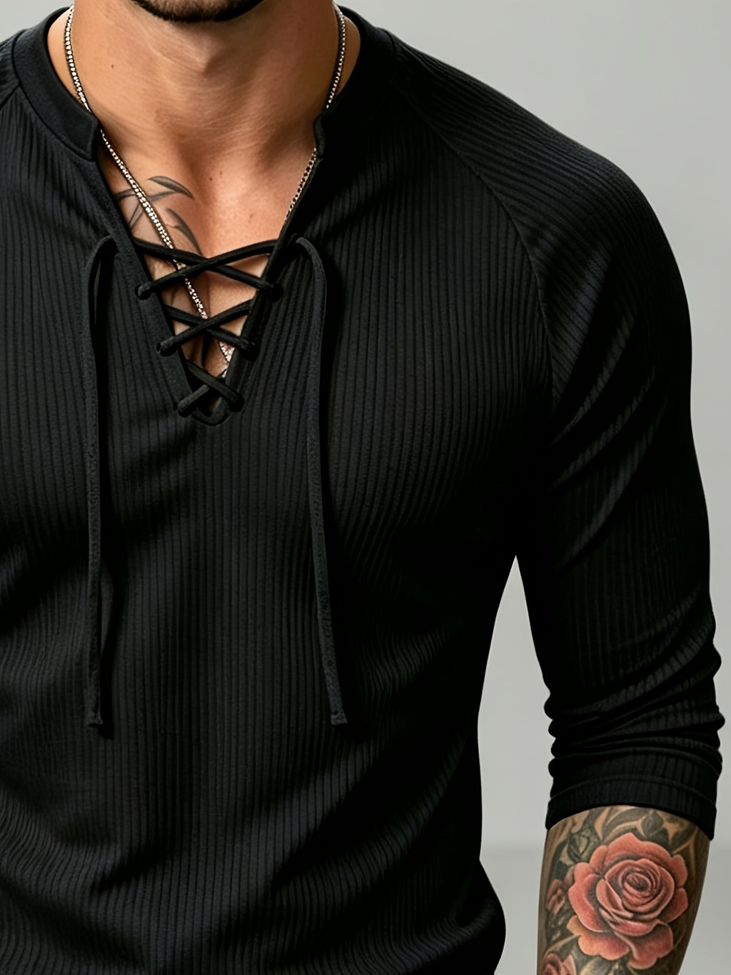 3pcs Set of New Men'S Long Sleeve Drawstring Henley Shirts, Ribbed Knit V-Neck Muscle T-Shirts, Slim Fit Stretch Fitness Tops, Casual Street Fall Winter Base Layers, Slim But Not Tight, Suitable for Commuting And Dates, Multi-Color Options - Gray+green+black